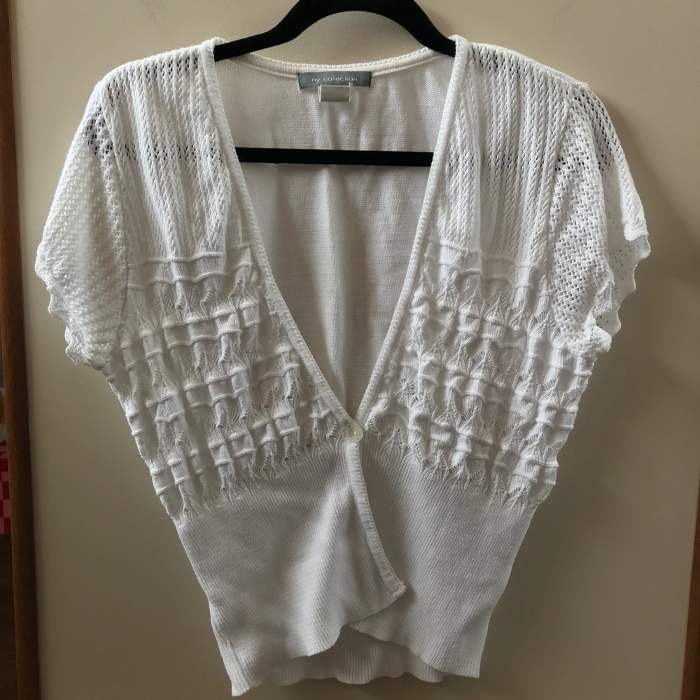 NY Collection Cardigan Womens L White Short Sleeve Pointelle V-neck